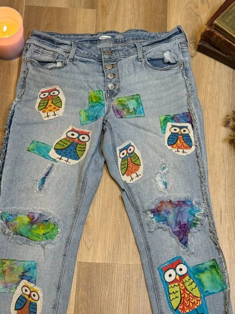 Upcycled Owl Patchwork Jeans | Wide Leg Denim, Visible Mending Art, Cropped Hem